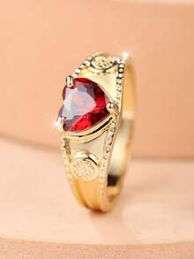 1 Vintage-Style Red Heart-Shaped Zirconia Carved Wide Ring For Women-A Romantic And Atmospheric Women's Ring - Red - View 3