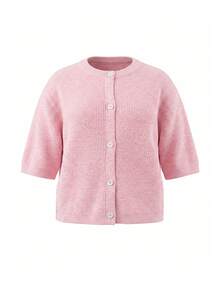 Plus Size Women's Solid Color Round Neck Short Sleeve Single Breasted Knit Cardigan Pink - Pink - View 6