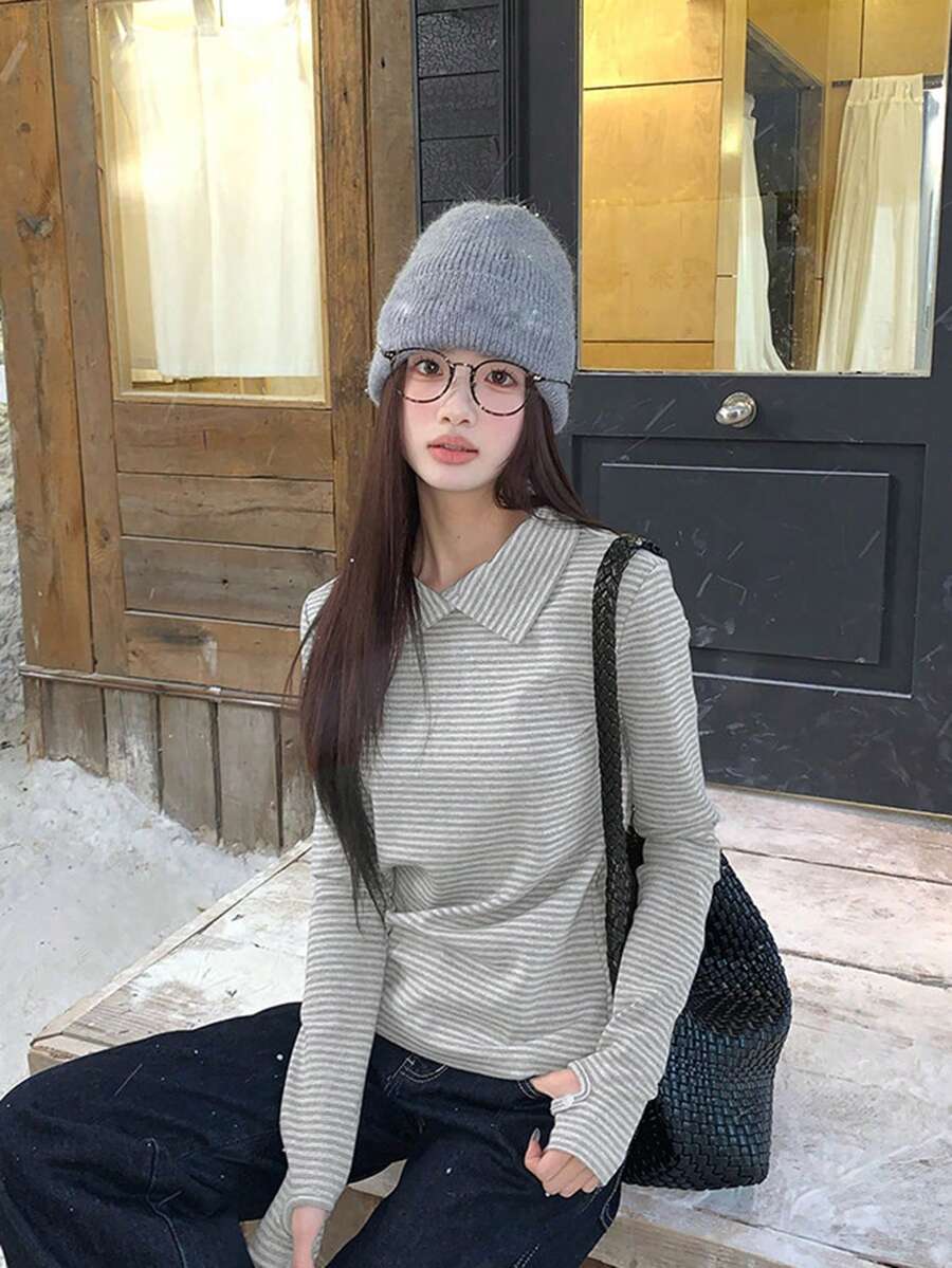 韓式條紋高領長袖女款 T-shirt 冬季保暖層次穿搭彈性修身內搭底層 - 淺灰色 - 查看 1