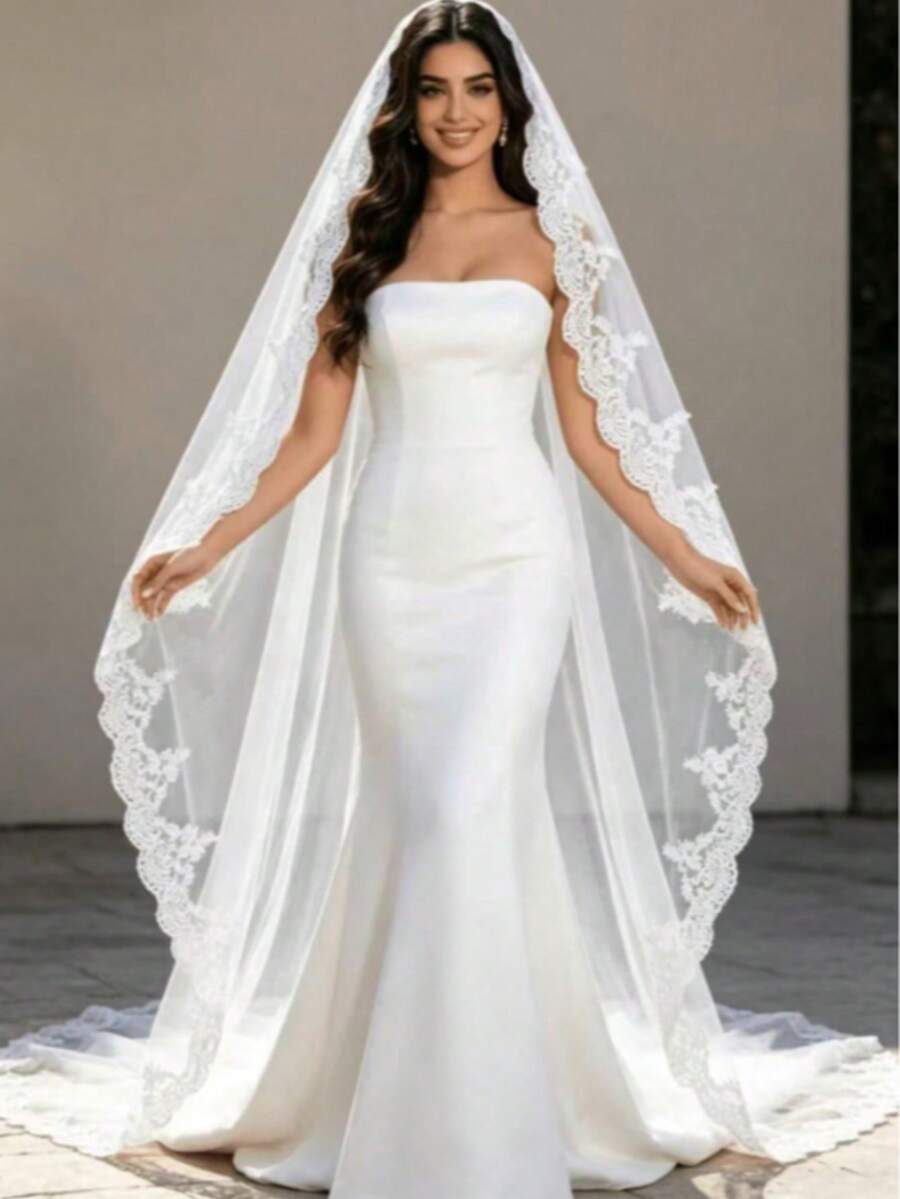蕾絲飾邊新娘面紗,適合教堂婚禮,婚禮攝影道具,無髮梳婚禮配件 - 白色 - 查看 1