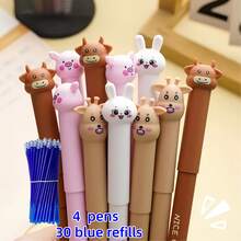 34pcs Erasable Neutral Pen Set, Includes 4 Random Pens + 30 Refills (Blue/Black Ink), Pen Body With Built-In Eraser, Suitable For, First Day Of School - Multicolor - View 1