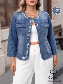 Women's Light Blue Round Neck Beaded Casual Plus Size Denim Jacket - Light Wash - View 1