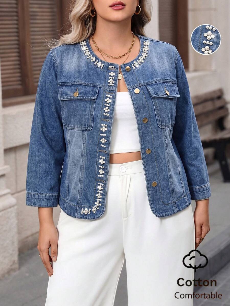 Women's Light Blue Round Neck Beaded Casual Plus Size Denim Jacket - Light Wash - View 1