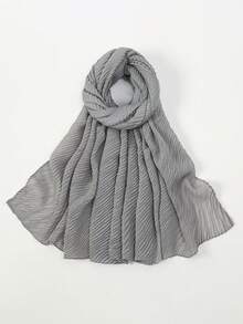 1PC Women's Spring Lightweight Minimalist Solid Color Crinkled Bohemian Style Breathable Scarf, Fashionable And Versatile Casual Headscarf, Suitable For Daily Wear, All Seasons - Light Grey - View 2