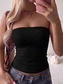 女款夏季性感辣妹休閒百搭 Y2K 風格黑色抹胸上衣，街頭風，平口上衣 - 黑色 - 查看 1
