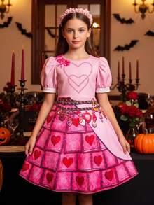 Young Girl Halloween Heart Print Square Neck Petal Sleeve Holiday Party Birthday Gathering Dress - Pink - View 2