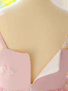 Tween Girls Spaghetti Strap Embroidered Floral Mesh Sweet Elegant Princess Dress, Flower Girl Dress Suitable For Party, Vacation, Outing, Evening Gala, Ball, Birthday Party, Fabric Floral Pattern Random Cut - Dusty Pink - View 11
