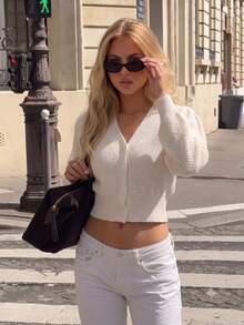 JustMiss Women's V-Neck Single-Breasted Button-Up Cardigan, Long Sleeve, Casual Short Style, College Girl Style, Spring/Autumn/Winter - Apricot - View 4
