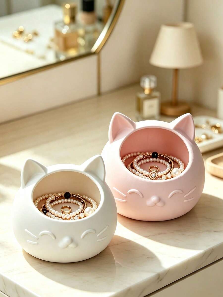 Cute Cat Shaped Jewelry Storage Bowl, Jewelry Organizer Box, Desktop Earring Ring Bracelet Display Container, Home Bedroom Vanity Decor Gift - Multicolor - View 1