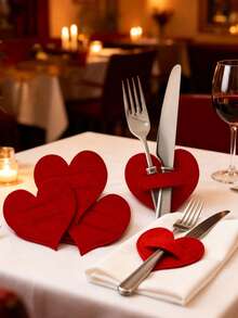 24pcs/12pcs/2pcs Red Heart-Shaped Felt Tableware Set, Star-Shaped Knife, Fork, Napkin Mat, Suitable For Valentine's Day Table Decor, Holiday Party Scene Decoration, Wedding Scene Decoration, Christmas Party - Multicolor - View 2