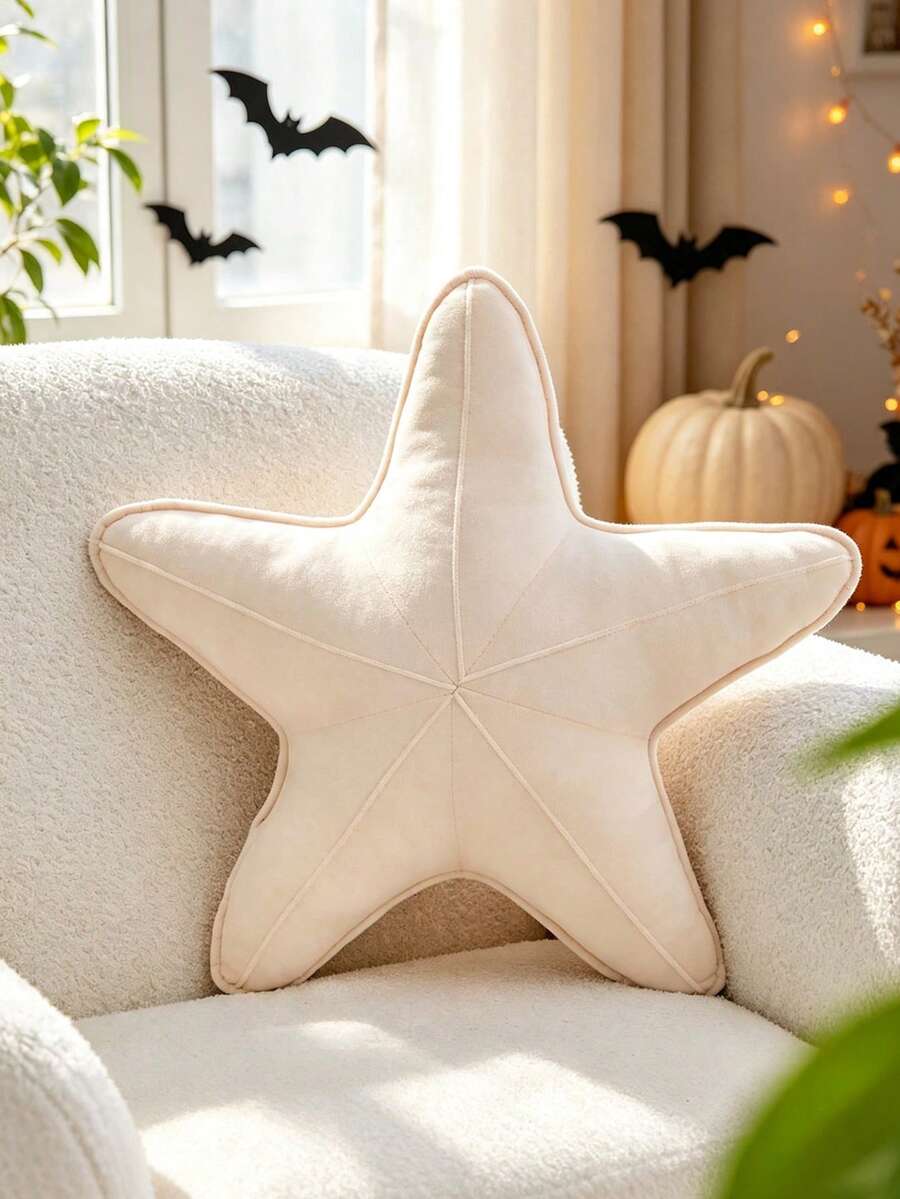 1個海星造型抱枕，可愛星星設計，柔軟天鵝絨海洋風，美學居家裝飾，沙灘靠墊，枕套，坐墊，宿舍臥室裝飾，客廳裝飾，秋季感恩節萬聖節禮物 - 米色 - 查看 1