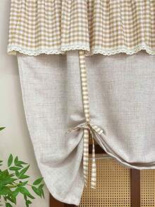 1pc Vinatge Plaid Valance Tie Up Curtain, Farmhouse Linen Balloon Window Shade, Light Filtering Adjustable Bow Roman Curtain For Bedroom Kitchen Cafe Window Decor - Beige - View 6