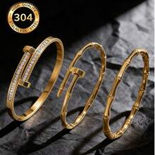 1/3pcs Popular Chinese Style Bamboo Knot Bracelet, Exquisite 3D Bamboo Knot Texture Craftsmanship, Paired With Shiny Double-Row Zirconia Stud Bracelet Two Styles, Warm Gold Tone Flattering To Skin Tone, 304 Stainless Steel For Sensitive Skin, Long-Term Wear Without Rusting Or Peeling. Gentle Style, Cool Style, Commuter Style One-Click Adaptation, Influencer Style Popular Bracelet, High Cost-Performance Perfect For Gifting. - Double Nail Bracelet - View 1