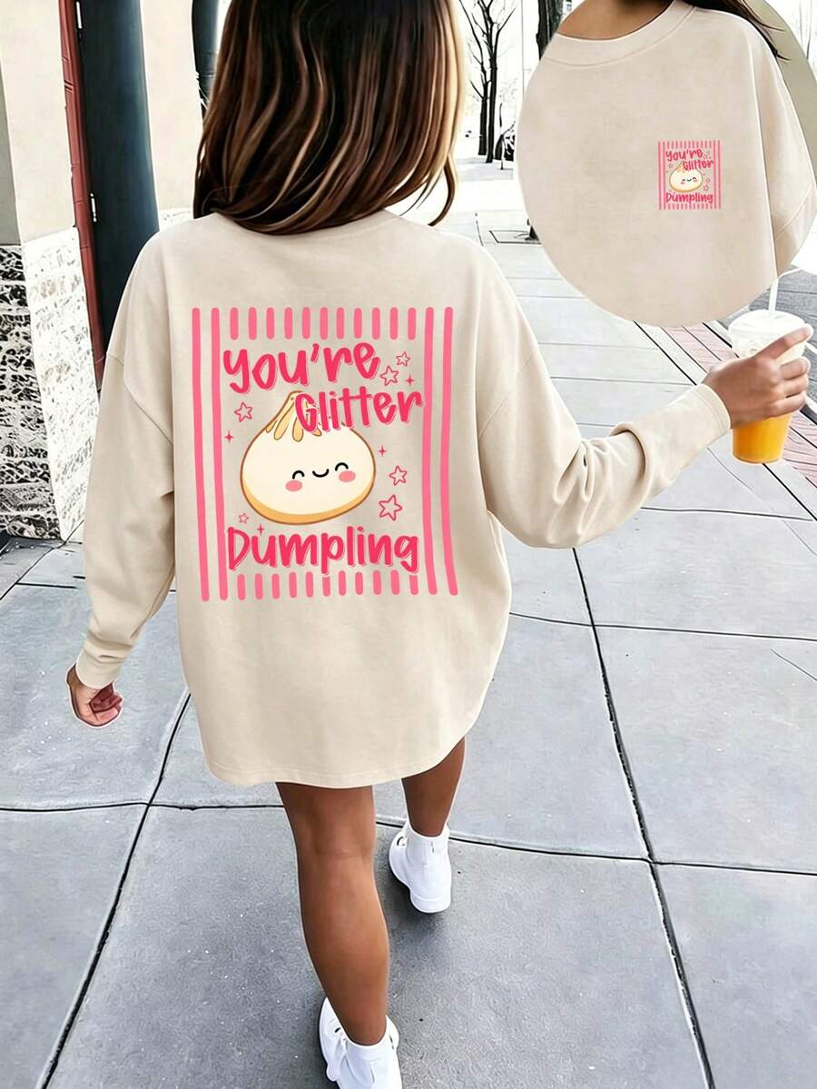 Tween Girls Long Sleeve Tee, You're Glitter Dumpling Cute Cartoon Double Sided Back Graphic Print, Fall Winter Casual Daily Tops - Apricot - View 1
