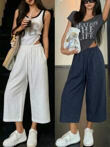 2pcs Women's 7/8 Wide Leg Pants, Summer New Elastic Waist Drawstring Breathable Slouchy Loose Casual Pants, Suitable For Daily Wear - Multicolor - View 1