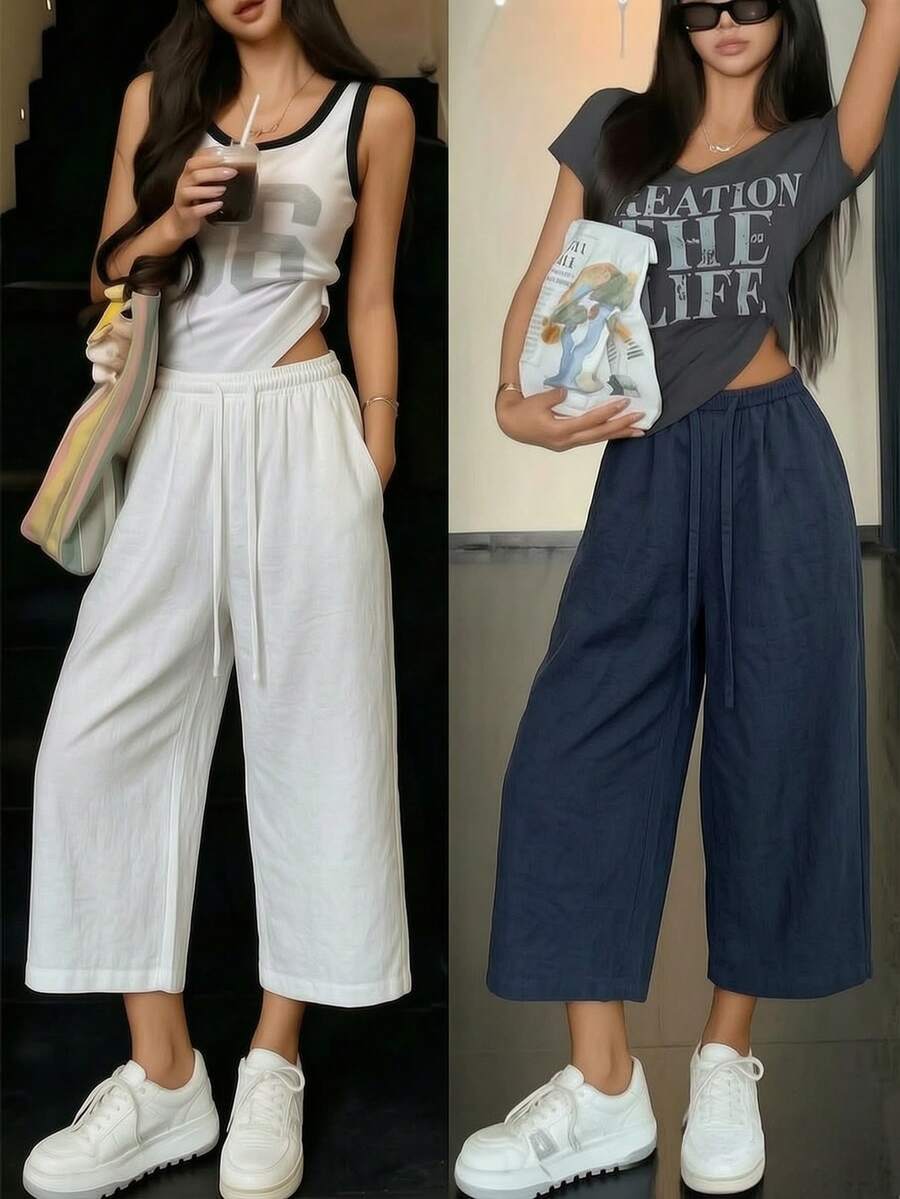 2pcs Women's 7/8 Wide Leg Pants, Summer New Elastic Waist Drawstring Breathable Slouchy Loose Casual Pants, Suitable For Daily Wear - Multicolor - View 1