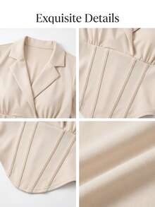 Jaket Blazer Pendek Wanita Modis, Desain Kerah, Dada Berkerut dengan Penyangga, Lengan Panjang, Kain Rajut Elastis Tinggi, Cocok untuk Musim Gugur. - Aprikot - View 2