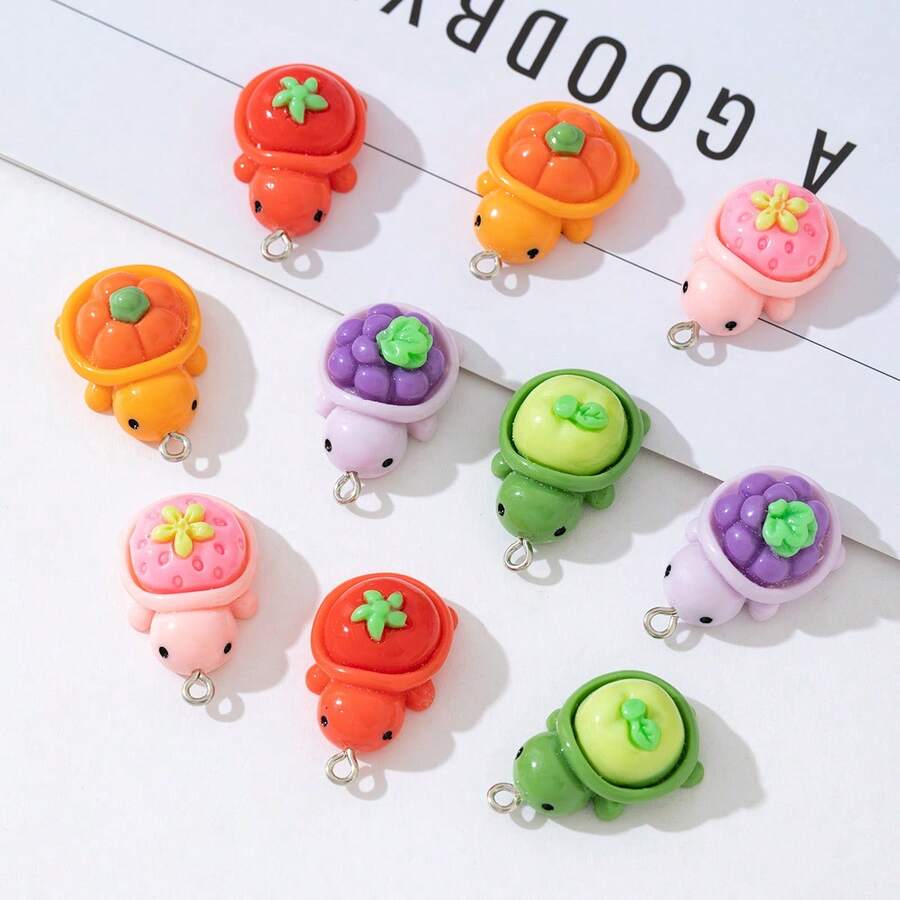 10pcs Mixed Color 3D Cartoon Fruit Turtle Resin Charms, Suitable For DIY Jewelry Making, Bracelets, Necklaces, Earrings - Perfect Handmade Gift For Beginners And Experts - Jewelry Accessories - Multicolor - View 1