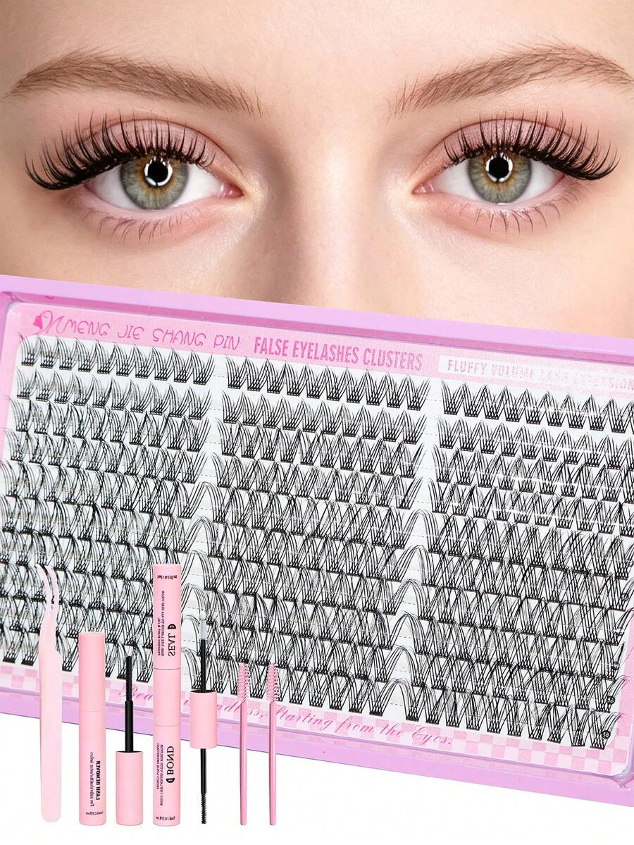 MENGJIESHANGPIN 300pcs Natural Style False Eyelashes Set 10-18mm Single Cluster Dense Realistic Curling With Glue Tweezers Remover Liquid Tool Kit - Black - View 1