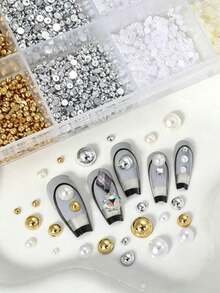 4500 Pcs/Box Half Round Flat Back Faux Pearl Nail Art Decorations Assorted Sizes White Gold Silver Beige Mixed Nail DIY Decorative Accessories Large Box - Multicolor - View 4