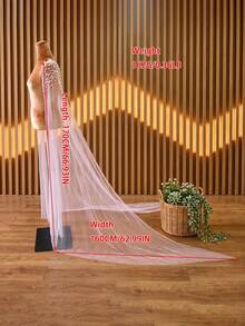 1 Pair Pink Soft Tulle Long Train Shoulder Shawl With Pin, Arm And Shoulder Coverage, Pearl Beaded Wedding Accessory Floating Veil - Multicolor - View 5