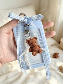 Card Holder With Sliding Mesh Shoulder Strap And Faux Pearl Pendant, Decorated With Cute Brown Bear Charm, Detachable And Erasable Sliding Cover, Student Campus Card/Meal Card Protector, With Pearl Bow Keychain, Durable Transparent Card Holder With ID Window And Card Slot, Campus Card, ID Card, Transit Card Holder, DIY Keychain Charm, Bank Card Holder, Birthday Gift, Holiday Souvenir, Back To School Gift, Graduation Gift, Travel Essential - Multicolor - View 2