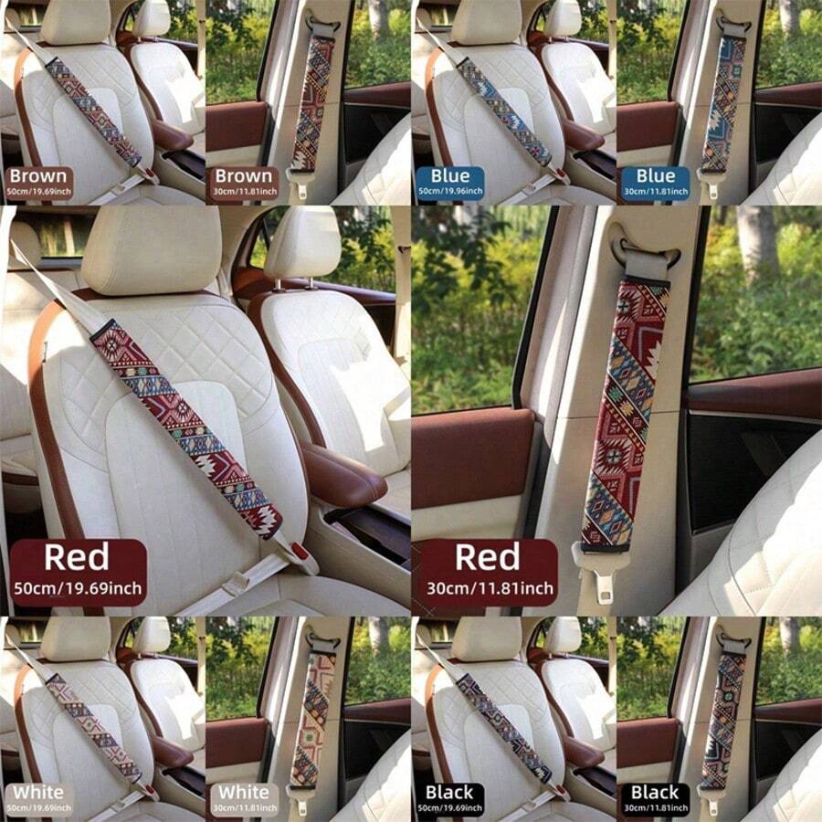 1件波希米亞風汽車安全帶套，亞麻材質，30cm/50cm兩種尺寸可選，30cm適用前座，50cm較長適用後座