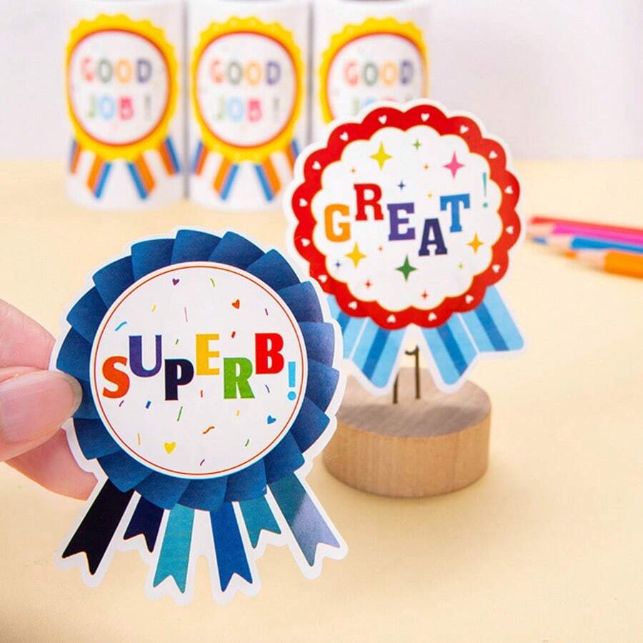 1 ROLL Rainbow Ribbon Medal Inspirational Reward Stickers, Die-Cut Positive Energy Praise Text Commendation Stickers, Specially Designed For Teacher Classroom Student Recognition And Motivation, Oil-Resistant Waterproof Matte Self-Adhesive Copperplate Paper, Durable And Tear-Resistant, Bright And Clear Color Printing Without Smudging, Can Be Applied To Exercise Books, Homework Notebooks, Behavior Point Charts, Student Certificates, Reward Jars, Multi-Functional Teaching Supplies - One Size - View 1