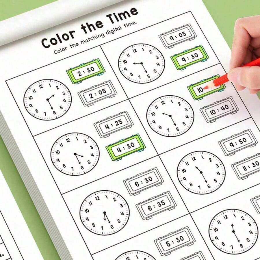 5 piezas Cuaderno de actividades para aprender a decir la hora para niños, libro de actividades de aprendizaje del reloj de 32 páginas, hojas de trabajo de práctica de reconocimiento del tiempo para preescolar y jardín de infancia, suministros educativos tempranos para el hogar, libro de aprendizaje Montessori para niños pequeños de 3 a 8 años - Multicolor - Ver 1