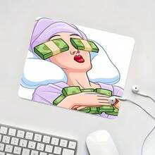 وسادة فأرة مربعة للنساء الكسولات بموضوع الثروة، تصميم نمط رسوم توضيحية حديثة للفتاة مع عناصر مالية ممتعة، وسادة ديكور سطح مكتب جذابة، وسادة مكتبية مطاطية مانعة للانزلاق بحافة مقفلة، حجم صغير مناسب للكمبيوتر المحمول والكمبيوتر المكتبي والألعاب والمكتب والاستخدام اليومي - مشاهدة 6