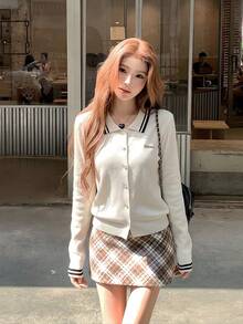 Autumn/Winter New Design Striped Polo Collar Preppy Style Knit Sweater Long Sleeve Women Sweet Girl Contrast Color Top Slim Fit Pullover Fall - Apricot - View 6