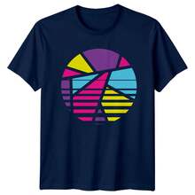 Retro T-Shirt With An Abstract Geometric Pattern. Pure Cotton Unisex T-Shirt, Plus Size, Suitable For Slightly Overweight People. - Navy Blue - View 1