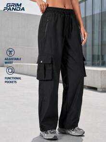GRIM PANDA Women Fall Cargo Pants Adjustable Drawstring Waist Functional Pockets Adjustable Cuffs Wide Leg Casual Hiking Travel Outdoor Sports Black - Black - View 4