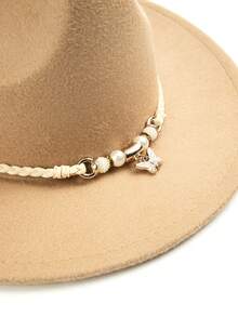 1pc Women's Wide Brim Felt Hat, Woven Rope & Pearl Pendant Decor Vintage Hat, Suitable For Party, Travel, Photography, Daily Wear - Top Hat - View 3