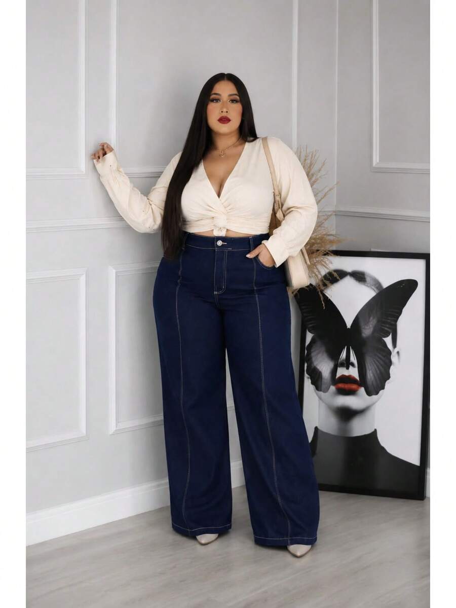 Calça Feminina Jeans Wide Leg Modeladora - jeans - Visão 1