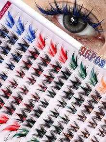 96-Cluster DIY False Eyelash Set (4-Color Mix, D-Curl, 9–16mm): Fine, Rainbow-Colored Individual Clusters-Suitable For Beginners And Perfect For Everyday Looks, Parties, Music Festivals, And Halloween. - D - View 2