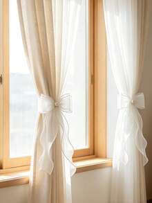 1pc/2pcs White Satin Bow Curtain Tiebacks, Pearl Embellished Tie-Up Curtain Holdbacks, Suitable For Children's Room And Nursery - Multicolor - View 2