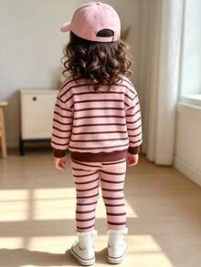 Baju Bayi Perempuan Bergaris, Atasan Lengan Panjang Leher Bulat dan Legging - Berwarna merah muda - View 2