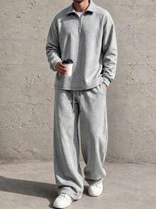 HEYKESON Men's Half-Zip Polo Collar Sweatshirt & Wide Leg Sweatpants 2 Pieces Set - Light Grey - View 2