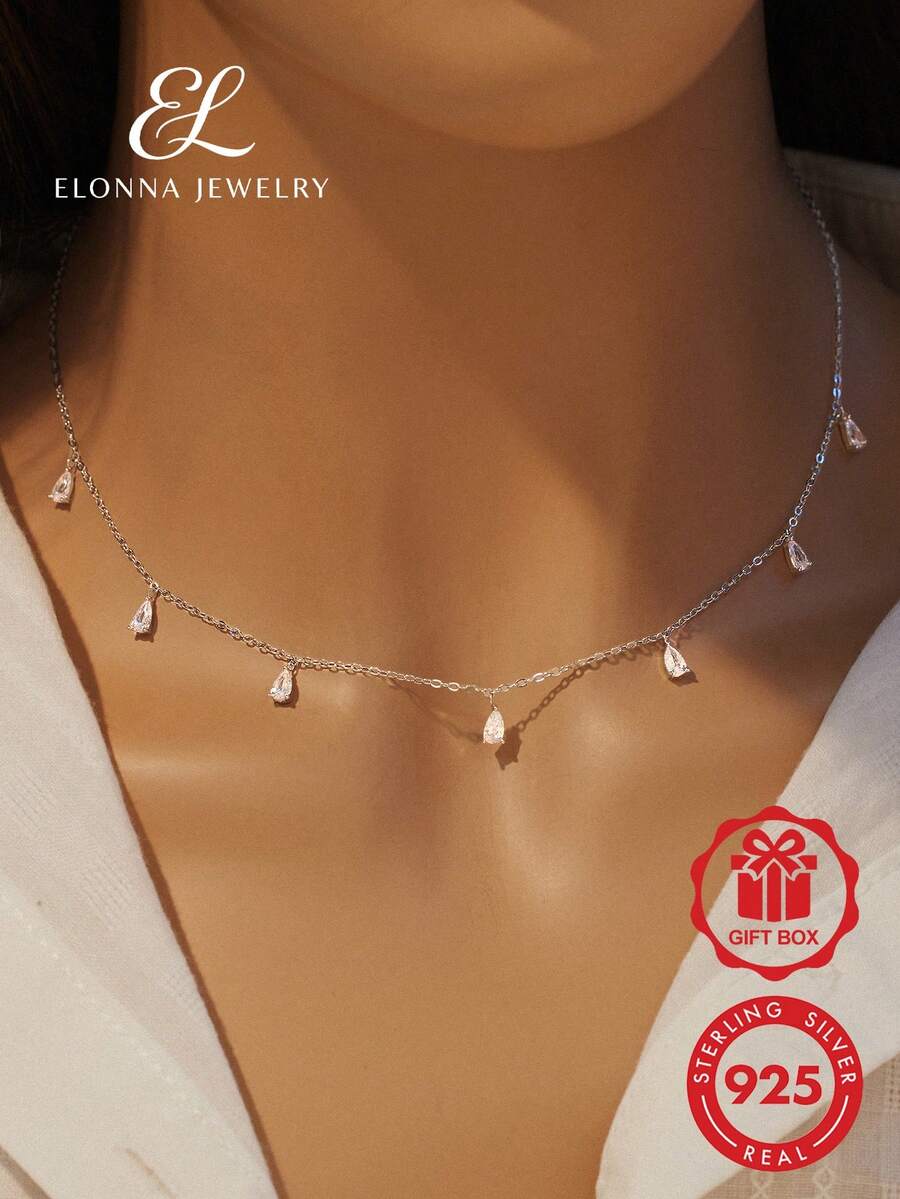 SYMFNY 1入組925銀水滴形立方氧化鋯項鍊，假日時尚配飾