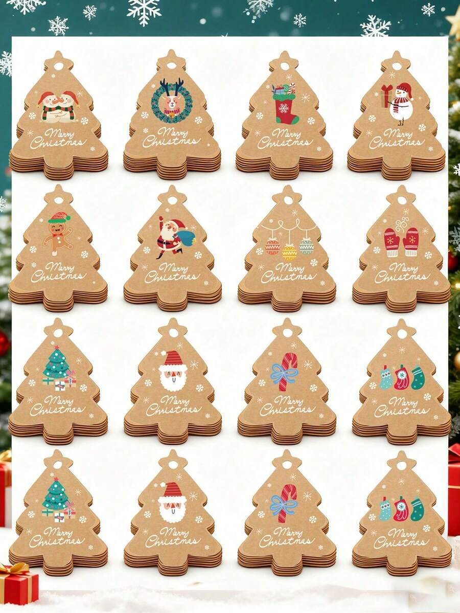 96pcs Vintage Christmas Tree Shaped Slogan Pattern Gift Tags With Rope, Santa Claus And Snowman Pattern Paper Gift Decoration Labels, Suitable For Christmas Party Gifts, Christmas - Christmas Tree Shape - View 1