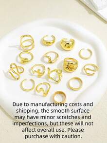 15pcs/Set Exaggerated Metal Asymmetrical Line Water Drop Smooth Rings, Unisex, Punk Retro Bohemian Style Fashion Jewelry Gift - Yellow Gold - View 5
