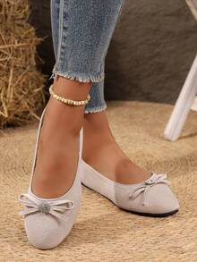 Women's Flat Slip-On Shoes With Rhinestone Square Buckle, Soft Sole, Anti-Slip, Round Toe, Versatile For All Seasons - Beige - View 3