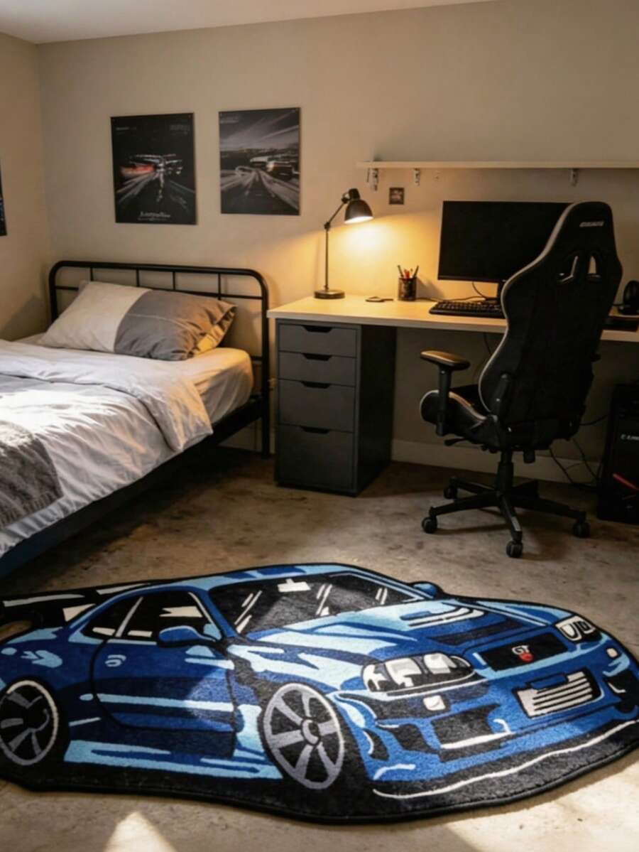 【Soft Sports Carpet】1件裝藍色與白色賽車圖案地墊，仿羊絨加厚地毯，厚實絨毛地毯，秋冬裝飾地毯，臥室裝飾 - 多色8 - 查看 1