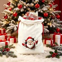 Christmas Drawstring Gift Bag, 3D Wall-Breaking Santa Claus Print Linen Gift Bag, Holiday Theme Drawstring Bag, Suitable For Christmas Gift Packaging And Holiday Scene Decoration - Off-white - View 6