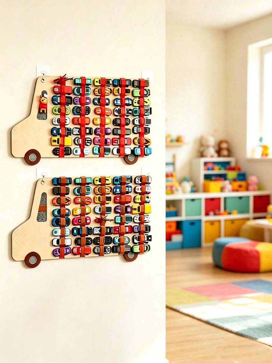 YIYIQCSJ Children's Racing Car Storage Rack - Large Capacity Hanging Storage, Beige Racing Stripe Background, Fabric Garage For Boys' Room, Space-Saving Vertical Wall Decor - Multicolor - View 1