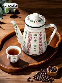 choxila 1pc Vintage Printed Enamel Coffee Gooseneck Kettle With Lid, Drip Coffee Pour-Over Pot, Home Kitchen Stove-Top Tea Kettle For Coffee Making - Flower Leaf Enamel Teapot - View 6