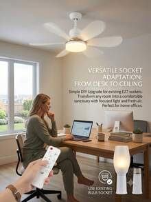 Ventilador con luz 2‑en‑1 base universal E27 B22 con mando a distancia ajuste CCT luz regulable temporizador velocidades ajustables estructura ABS metálica lámpara ventiladora minimalista para habitación sala de estar casa interior - Blanco - Ver 3