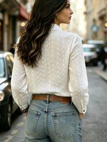 Women's Floral Embroidered Semi-Sheer Collared Top, Long Sleeve Front-Button Polyester Blouse, Perfect For Bohemian-Style Fall Outfits - White - View 4