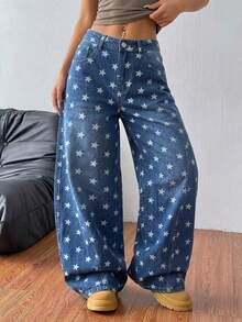Women's American Street Y2K Casual Star Print Loose Wide Leg Barrel Jeans - Medium Wash - View 2